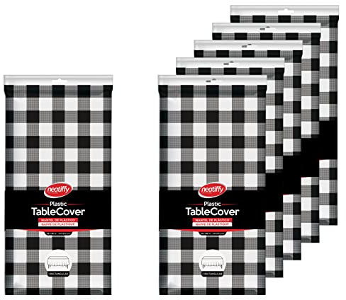 Neatiffy 137 cm x 274 cm 6er-Pack rechteckige Tischdecken aus Kunststoff für Picknick-/Camping-/Party-/Bankett-Tischdecken. Einweg-/Mehrwegtischdecken Schwarz Kariert