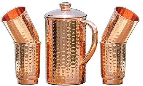 Juego de jarra y vaso de cobre para beneficios de salud ayurveda | Jarra martillada de cobre puro (99,74%) con 4 vasos de cobre