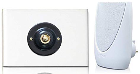 Byron 100m Wireless Plug-in Contemporary Doorbell kit Black Plated Push with Brass Centre on White Perspex Plinth