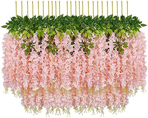 Pauwer 24 Stück Künstliche Blumen Fake Glyziniengirlande Blumengirlande Hängende Blauregen Seidenblumen für Heimdekoration Hochzeiten Hause Garten Party (Fleisch rosa)