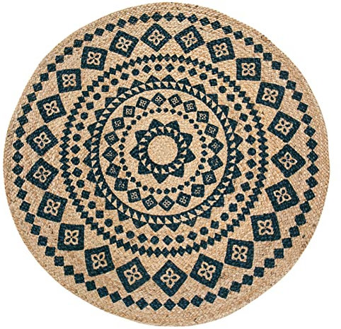 -LUXOR- living Teppich Mamda - Naturteppich in rund für Wohnzimmer und Schlafzimmer - Jute Teppich mit Ornamenten aus Jute und Baumwolle - Boho Teppich 120 cm rund