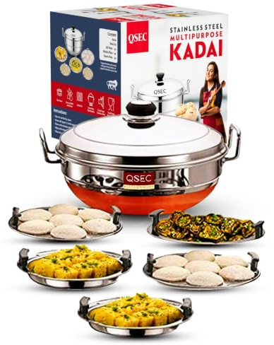 ECOM Stainless Steel Idli Cooker Multi Kadai Steamer, 5 Plate 2 Idli, 2 Dhokla, 1 Patra, Copper Bottom, 28.5 cm Dia