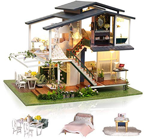 Cuteefun Maison Miniature a Construire DIY Maison Poupee Miniature Bois en Kit avec Musique et Meubles, Cadeau de Bricolage Artisanal pour Les Femmes (Monet Garden)