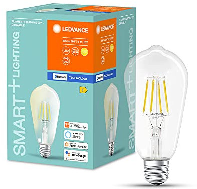 LEDVANCE Smart dimmbare Filament LED-Lampe, speziell für Alexa, Glas Edison Form für E27 Sockel, ZERO TOUCH SETUP - einfache Einrichtung nur per Klick, Warmweiß (2700K), 50W-Ersatz, ZTS-ready