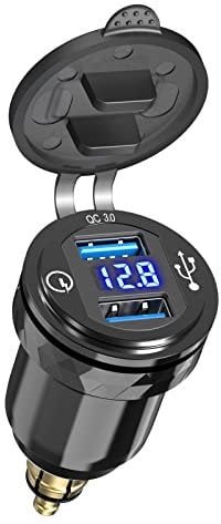 Adaptador Qidoe DIN Macho a USB, Doble QC 3.0 DIN USB para Motocicleta con Pantalla de voltímetro, Cargador USB de Aluminio para Motocicletas de Estilo Europeo Ducati, Triumph, BMW de 12V/24V