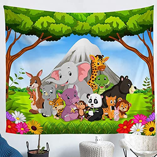 Kinder Tapisserie Karikatur Tier Gedruckt Wandbehang Kinder Jungen Mädchen Niedlichen Elefanten Giraffe Wildlife Wandteppich Safari Zoo Muster Wandkunst 130x150cm für Schlafzimmer Wohnzimmer