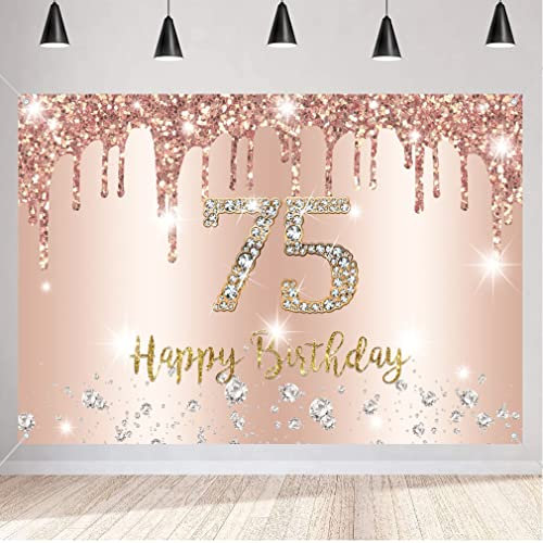Happy 75th Birthday Decorations for Women, Happy 75 Years Old Party Backdrop Fabric Rosegold Sign Poster, 75th Birthday Party Supplies Photography Background Welcome Sign, 150 cm x 90 cm