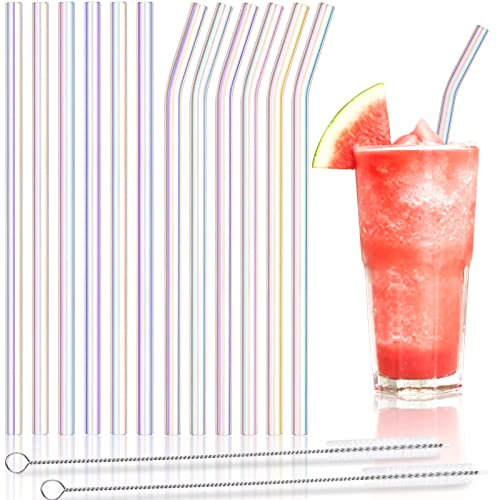 NiHome Reusable Glass Drinking Straws Clear 12 Pack, 8x0.3, Set of 6 Straight 6 Bent with 2 Cleaning Brushes for Milkshakes, Frozen Drinks, Smoothies, Eco-Friendly Dishwasher Safe (Clear Iridescent)