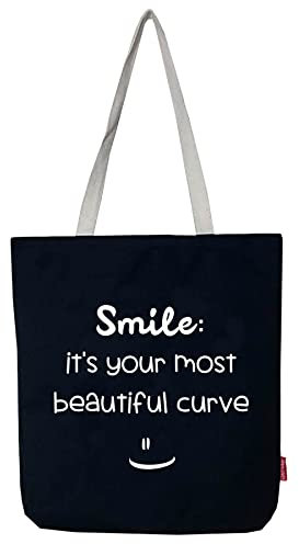 hello-bags SMILE Borsa tote bag in tela con cerniera, fodera e tasca interna. Include una busta regalo kraft. Colore: Écru/Nero. 37x38 cm. Donna