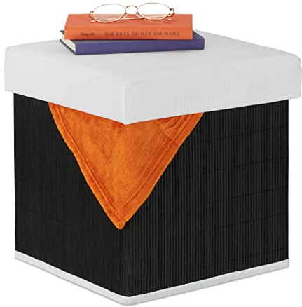 Relaxdays Sitzhocker mit Stauraum, gepolstert, klappbar, schwarz/weiß | HBT: 35x35x35 cm, mit Deckel, Bambus Sitzwürfel