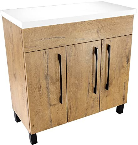 paplinskimoebel - Waschbeckenunterschrank mit Aufsatz 80 cm Breit Vittoria, Badezimmerschrank mit Arbeitsplatte, Unterschrank für Aufsatzwaschbecken, Waschtischunterschrank Holz - Eiche + Weiß