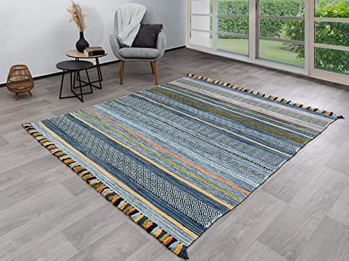 Steffensmeier Handwebteppich Turbat | Antistatisch | 100% Baumwolle | Blau, handgewebt, Größe: 60x90 cm