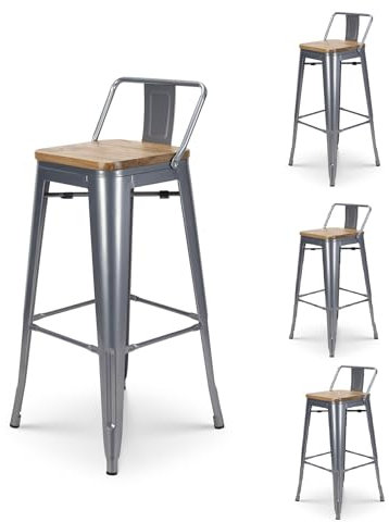 Kosmi - Set bestehend aus 4 Barhockern im Industriestil aus Metall in Silber mit Rückenlehne und Sitzfläche aus hellem Holz - Höhe 76 cm