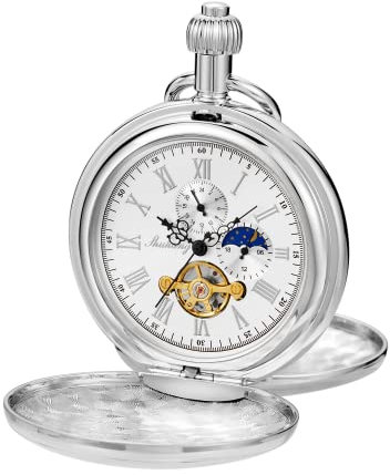 Whodoit Elegante mechanische Herren-Taschenuhr mit Kette und Box, MW155, Silber