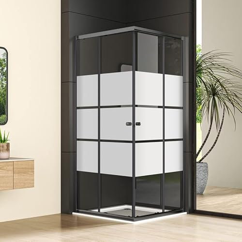 Duschkabine Eckeinstieg 90x90x185cm Schwarz Doppel Schiebetür Gestreift Duschabtrennung 6mm ESG Glas, Mattes Schwarz Schiebetüren Duschkabine Sicherheitsglas Duschwand, Duschtür Höhe 185cm