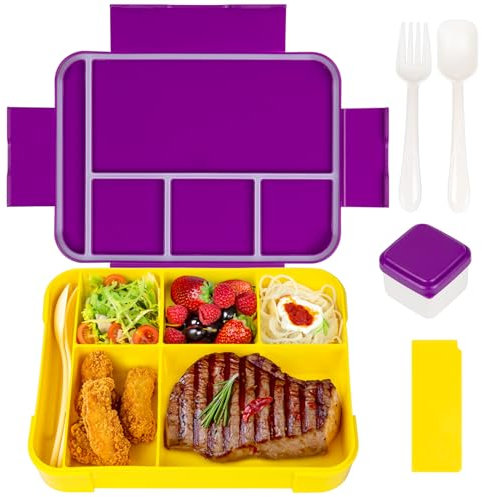 QCQHDU Brotdose Kinder mit Fächern,1330ml Lunchbox Kinder, Auslaufsicher Jausenbox mit 6 Fächern Besteckset,BPA-frei Bento Box Erwachsene,Mikrowellenfest für Schule Arbeit Picknick(Violett/Gelb)