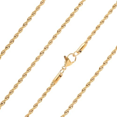 Ardú Mens Gold Rope Chain - 24 inch, 2.5mm Stainless Steel Gold Plated | Waterproof & Tarnish Resistant | Heavy Jewellery for Men