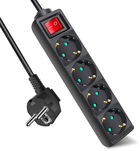 EXTRASTAR Regleta con 4 Enchufes e Interruptor, Cable 3M, para el hogar, Oficina y Viajes, MAX 3680W, 16A, 250V, Negro, 1pc