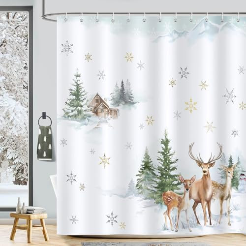 Bonhause Rideau de Douche Hiver Forêt Enneigée Cerf Flocon de Neige Noël Rideau de Bain Tissu Polyester Anti Moisissure Imperméable Lavable Rideaux Salle de Bain 180 x 180 cm avec 12 Crochets