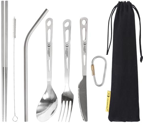SILVERANT Titanium Camping Flatware, Titanium Spork Spoon Chopsticks Knife Straw Cutlery Set PortableTableware for Lunch Box Outdoor & Hiking, Comes with Drawstring Bag & Carabiner- Polished