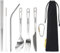 SILVERANT Titanium Camping Flatware, Titanium Spork Spoon Chopsticks Knife Straw Cutlery Set PortableTableware for Lunch Box Outdoor & Hiking, Comes with Drawstring Bag & Carabiner- Polished