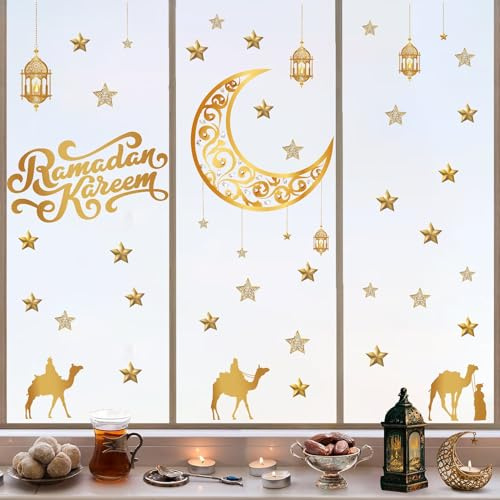 ANHUIB Ramadan Fensteraufkleber,Ramadan Fensterdeko Mond und Sterne Fensticker,Selbstklebend Ramadan Wandtattoo,Blume Gold Wandsticker Wandaufkleber für Schlafzimmer Kinderzimmer Zuhause Fenster Deko