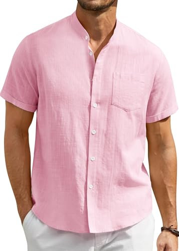 Enlision Camicia di Lino Uomo Rosa Camicia Collo Coreano Manica Corta Estiva Camicie Uomo Lino Cotone con Bottoni Tasche per Casual Beach Matrimonio Taglie Forti 4XL