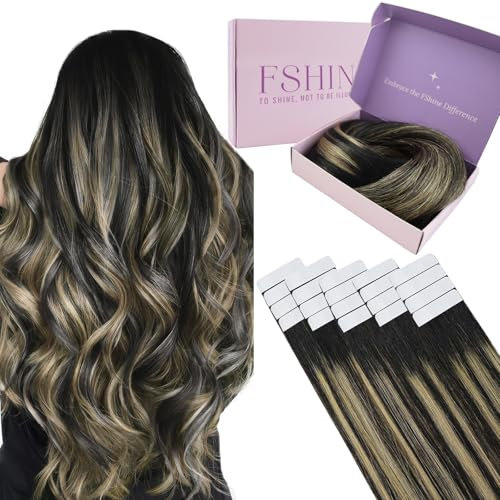 Fshine Extensiones De Cinta Adhesiva Negro Natural Mezclado con Rubio Caramelo Extensiones Adhesivas De Pelo Cabello Humano 45cm 50g Extensiones Pelo Natural Adhesivas Color 1b 27 1b