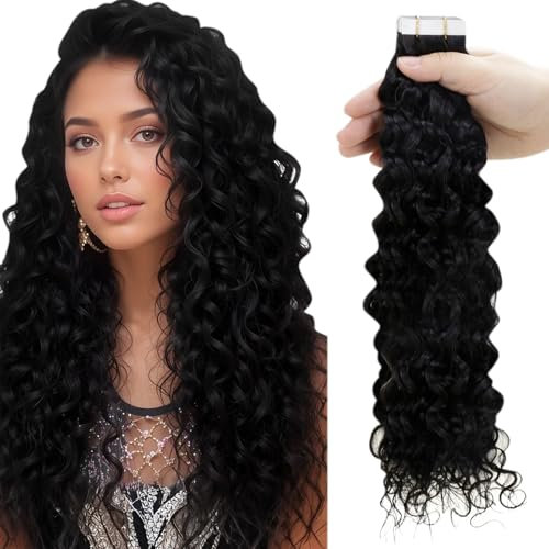 RUNATURE Extensions Locken Echthaar Tapes Schwarz 40cm Tape Extensions Echthaar Schwarz Locken Haarverlängerung 20 Stück 50g Extensions Echthaar Tape Locken #1BNW