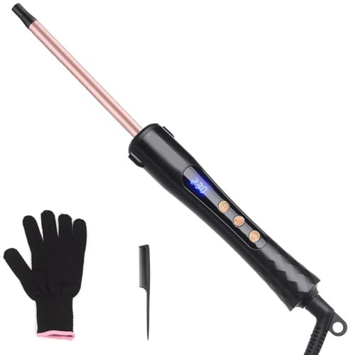 Curling Wand 9mm, Thin Curling Iron Tight Curls for All Hair Types, LCD Display 100-230°C, Ceramic Barrel Small Hair Curling Wand Long&Short, with Glove