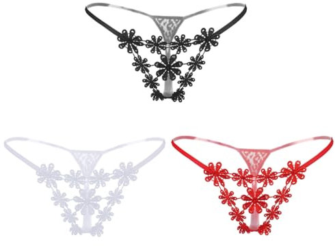 WMUVAZA G-String Ficelle Femme String, 3 pièces Sexy Lace Thongs, Chic sous Vetements Feminins Grande Taille Culotte Tanga Dentelle Stretch Slip Taille Basse String Underwear Thong