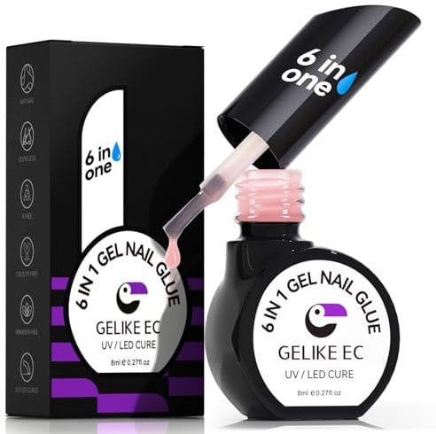 Gelike ec Gel Nail Glue 6 in 1, Peachy Jelly Base Coat Strong Adhesive for French Nail Tips, Press on Nail, Nail Art