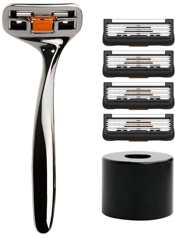 LILAC Rasierer für Herren, schweres Ganzmetall, 6 Klingen, Rasierhobel-Set für Herren – enthält 1 einzigartigen 38,5° gebogenen LILAC Rasiergriff, 4 Rasierklingen-Nachfüllungen und einen passenden