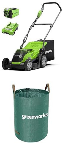 Greenworks 40V Cordless Lawnmower for Lawns up to 200m², 35cm Cutting Width, with 2Ah Battery & Charger,-G40LM35K2 + Greenworks Tools 120 L garden waste bag Green, AMP-120CB