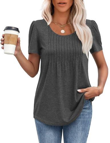 MOLERANI T Shirts for Women UK Round Neck Loose Casual Puff Short Sleeve Summer Tee Tops Front Pleated T Shirt Grey XL