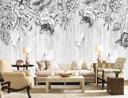 ZXCHEE Papier Peint Panoramique Grain De Bois De Fleur Noir Et Blanc Papier Peint 3D Tapisserie Mural Salon Chambre Décoration Murale -S0004-300x210cm(LxH)