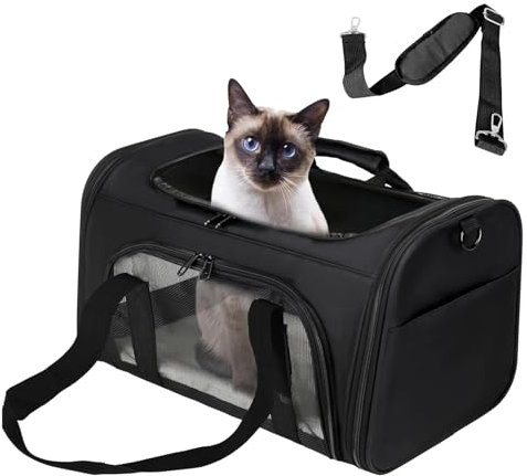 Bibykivn Atmungsaktive Katzentasche, Faltbare Katzentransportbox, Geeignet für Kleine und Mittelgroße Katzen und Hunde, Mehrere Öffnungen Oben, Vorne und an Den Seiten (Schwarz, L)