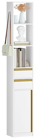Hzuaneri Bücherregal mit Schrank und 2 Schubladen, Standregal, schmaler Bücherschrank mit 1 Haken, Aufbewahrungsschrank, Büroregal, für Wohnzimmer, Büro, Schlafzimmer, Weiß-Gold BC46303X