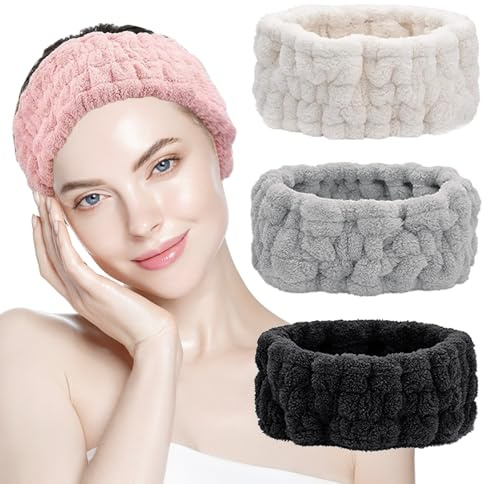 SYEYCW 4 Pcs Headband for Washing Face, Facial Makeup Headband, Coral Fleece Spa Beauty Headband, Elastic Soft Terry Cloth Hairband, for Shower, Yoga, Sports, Skincare, Black, Grey, Pink, White