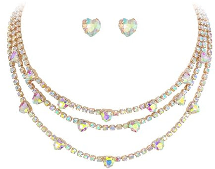 EVER FAITH Collana girocollo a strati di cristallo, alla moda, a forma di cuore, a 3 fili, con orecchini colorati alla moda, per donne, multicolore, Cristallo