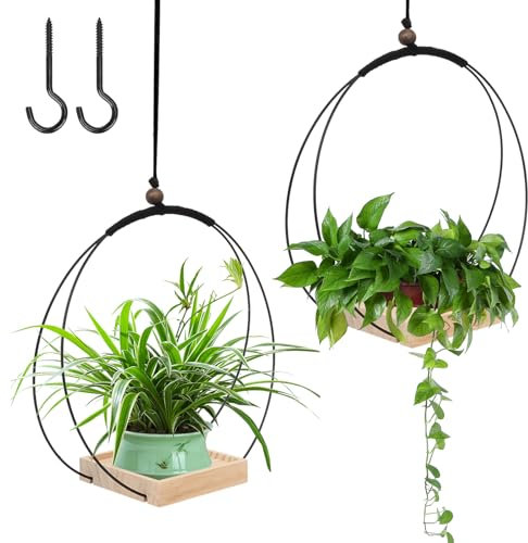 mumisuto 2 Pezzi Vasi da Appendere con Base in Legno, Vaso Sospeso per Piante Interno Boho, Portavaso da Appendere per la Decorazione di Interni ed Esterni (Nero 2)