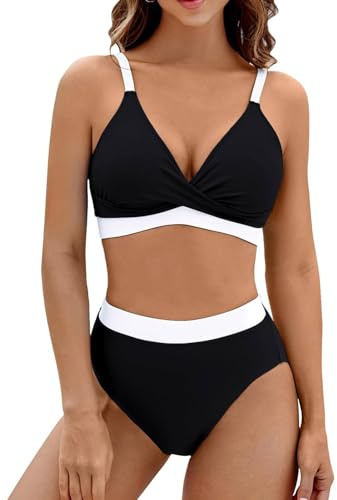 YNIQUE Damen Bikini Set mit V-Ausschnitt, Sexy Zweiteiliger Badeanzug, Hohe Taille Push Up Bademode, Schlankmachender Badeanzug für den Sommer