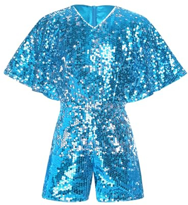 TiaoBug Mädchen Pailletten Jumpsuit Overall Kurz Festlich Body mit Bein Kurzarm Hosenanzug Sommer T-Shirt und Shorts Party Cocktail Tanz Leotard