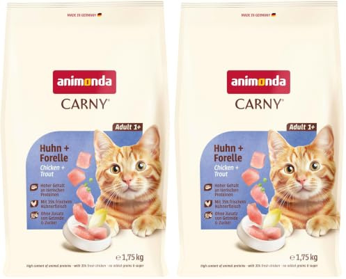animonda Carny Adult Huhn + Forelle (1,75 kg), Adult Trockenfutter für ausgewachsene Katzen, Katzenfutter ohne Getreide und Zucker, Katzentrockenfutter mit 65% Fleisch und Fisch (Packung mit 2)