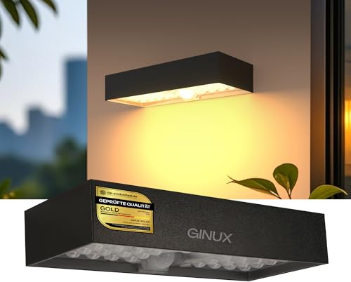GINUX® Solarlampen für außen mit Bewegungsmelder - Dekorative Solar Wandleuchte aussen mit Superhellen LEDs und PIR-Sensor, Solar LED Strahler für Wand und Garten (60W Schwarz)