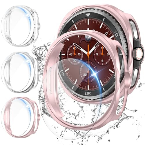 3 Stück Schutzhülle + 3 Stück Displayschutz für Samsung Galaxy Watch 8 Classic Hülle (46mm)-Hart PC Bumper Hülle + HD Gehärtetes Glas Kratzfest DisplayFolie-Klar/Silber/Roségold