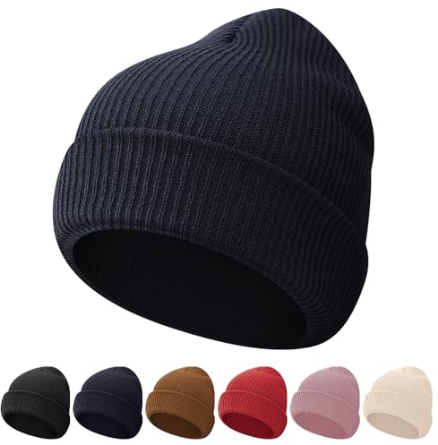 Kids Winter Beanie Hat - Toddler Youth Boys Girls Knit Warm Soft Cozy Cap for Autumn Classic Slouchy Cuffed Cap (One Size, Navy Blue)
