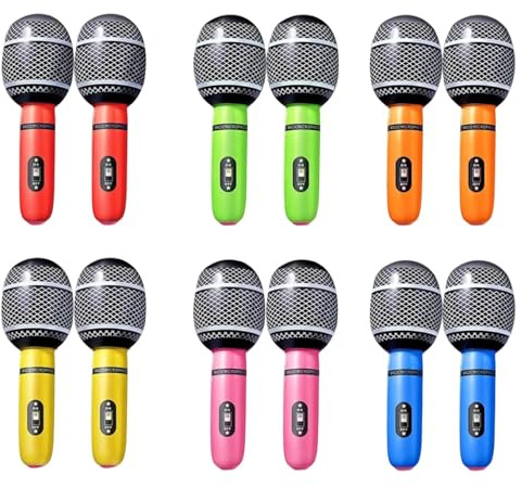 12 Pack Inflatable Microphones - Fun Party Props for Karaoke, Birthdays, and Celebrations - Silver and Black Design