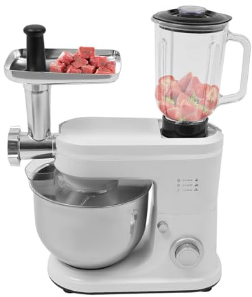 3 in 1 Multifunktions Küchenmaschine, 1500W Küchenmaschinen Set mit 1,58L Entsafter, Gemüseschneider, 6L Rührmaschine 6 Geschwindigkeiten und Pulse für Kuchen und Brot (Weiß)