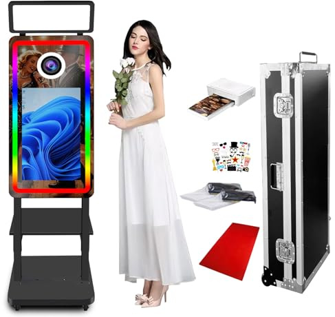 Magic Mirror Tragbare Fotobox mit 21,5 Touchscreen, Einstellbarer Beleuchtung, Sofortdruck, Foto-Spiegel-Kabine für Partys, Weihnachten, Hochzeiten (Black, Photo Booth with Printer)